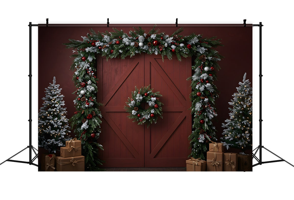 Weihnachten Hintergrund für Fotos Rustikale rote Tür Kranz Hintergrund CEM5-8