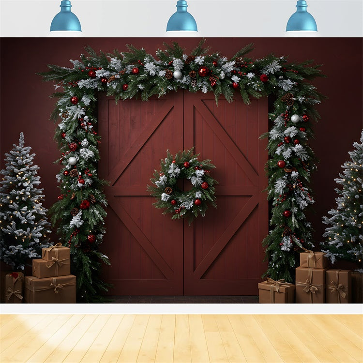 Weihnachten Hintergrund für Fotos Rustikale rote Tür Kranz Hintergrund CEM5-8