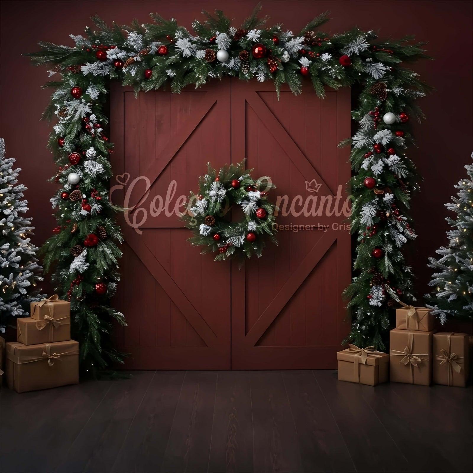 Weihnachten Hintergrund für Fotos Rustikale rote Tür Kranz Hintergrund CEM5-8