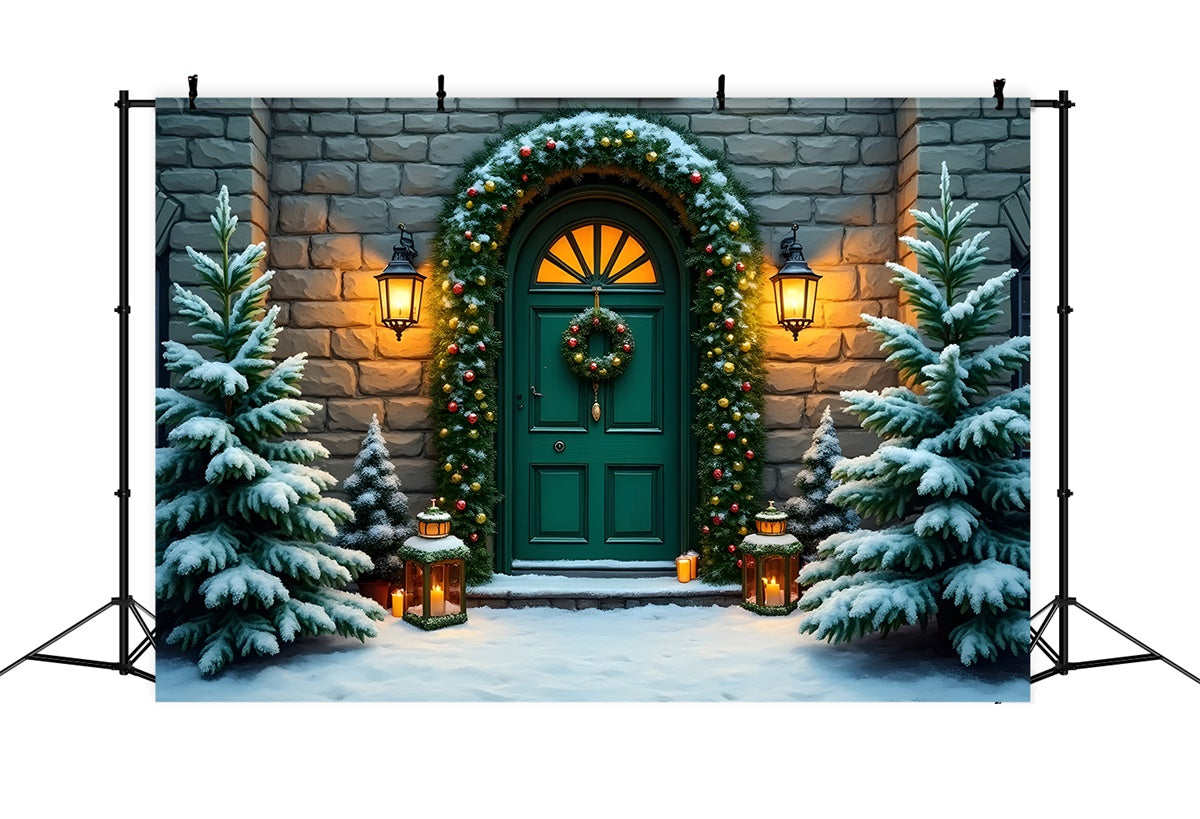 Xmas Backdrops Steinmauer Kranz Grüne Tür Backdrop CEM5-81