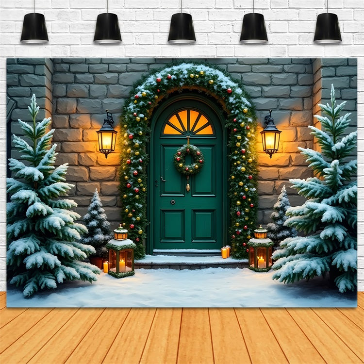 Xmas Backdrops Steinmauer Kranz Grüne Tür Backdrop CEM5-81