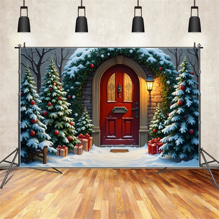 Weihnachtsbaum Backdrop Verschneiter Baum Rote Tür Backdrop CEM5-83