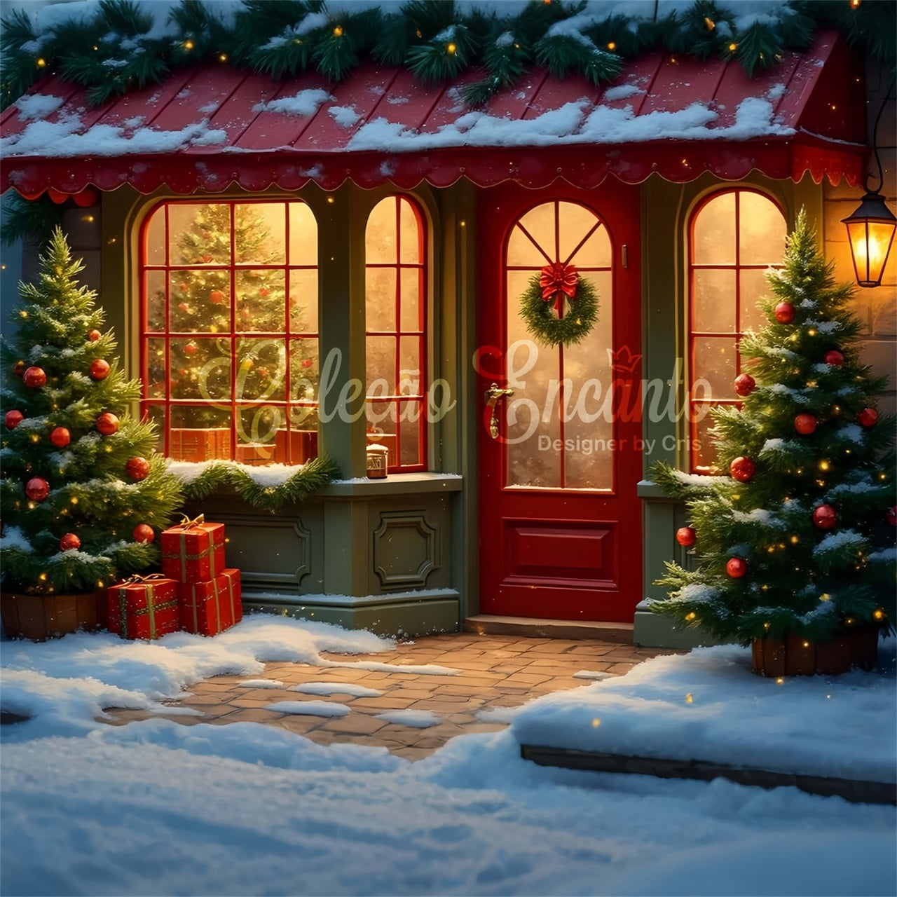 Weihnachten Backdrops Verkauf Rote Tür Kiefer Veranda Backdrop CEM5-86