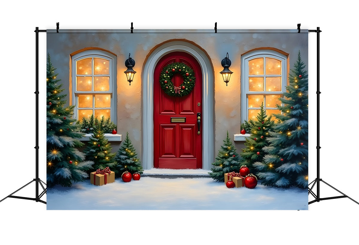 Weihnachten Backdrop Rote Tür Winter Kiefer Backdrop CEM5-90