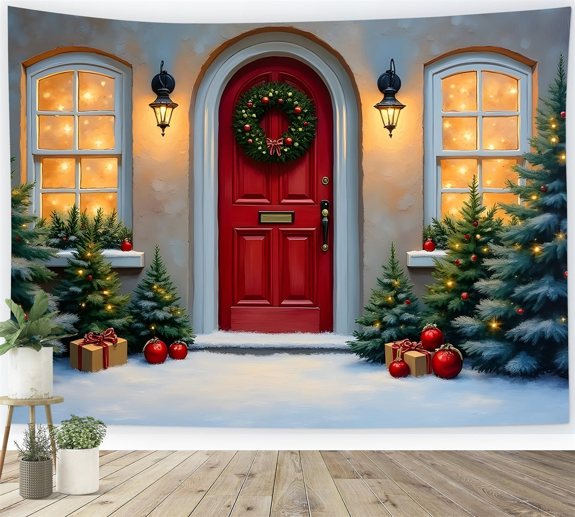 Weihnachten Backdrop Rote Tür Winter Kiefer Backdrop CEM5-90