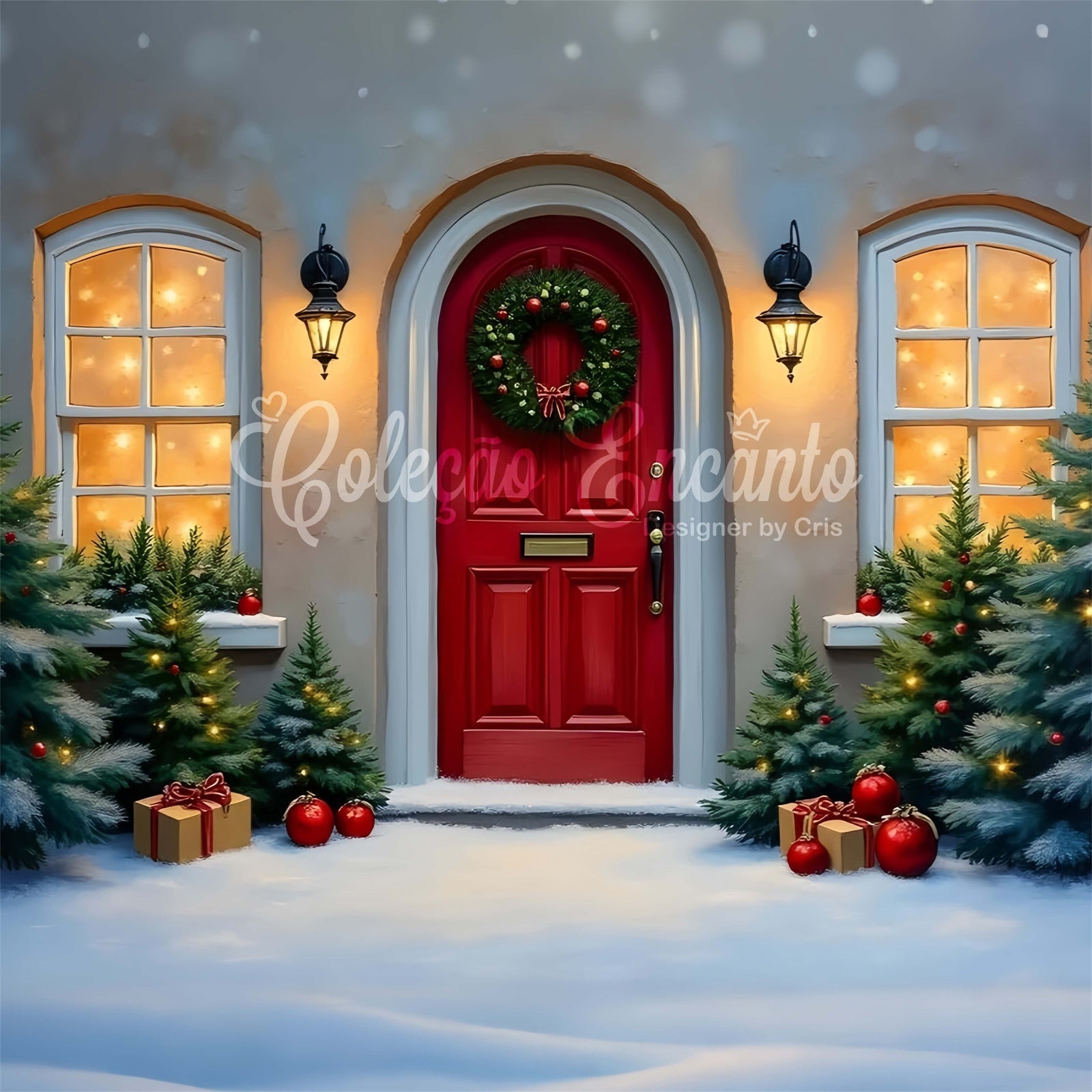 Weihnachten Backdrop Rote Tür Winter Kiefer Backdrop CEM5-90