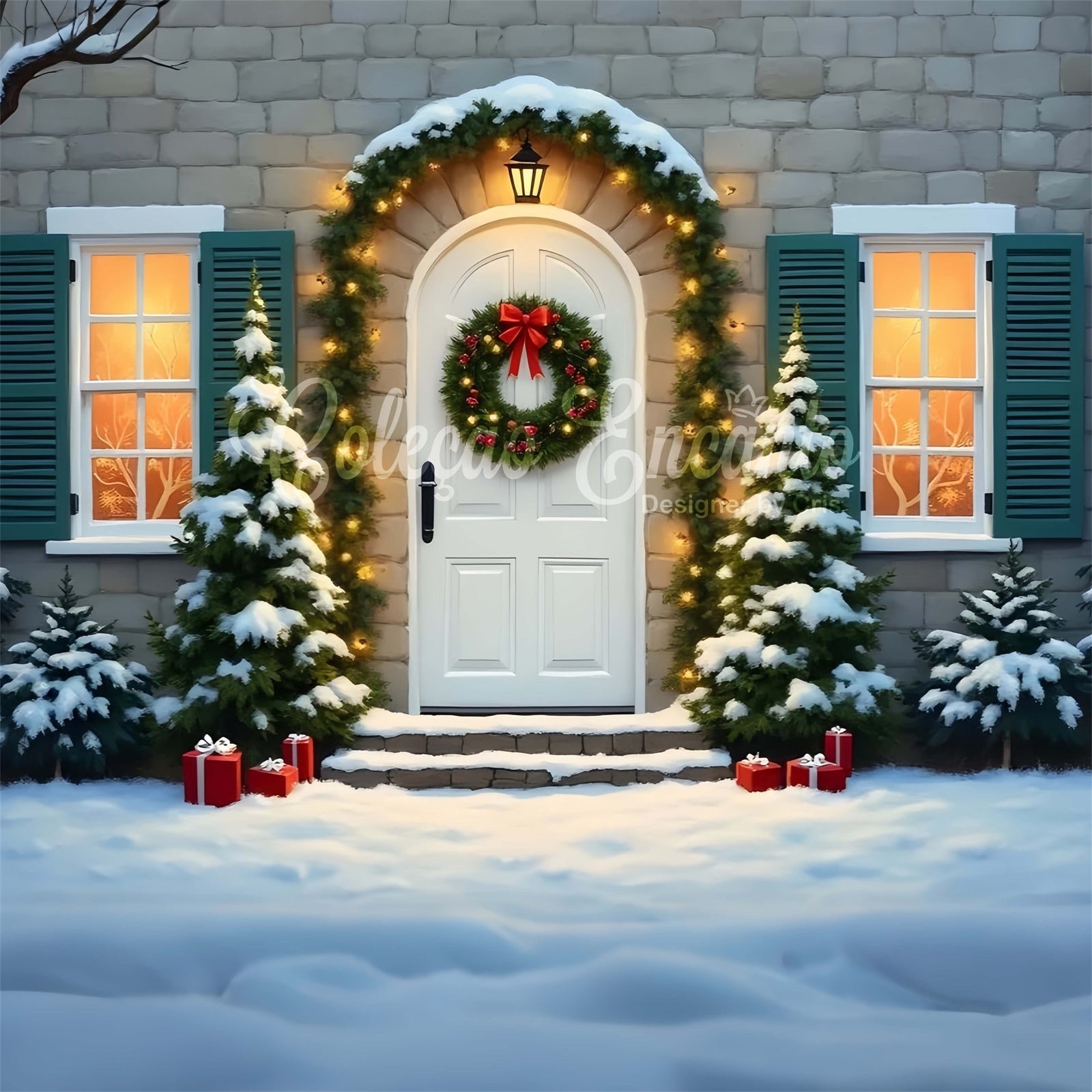 Weihnachts-Hintergrundkulissen Tür Tannengirlande Hintergrundkulisse CEM5-99
