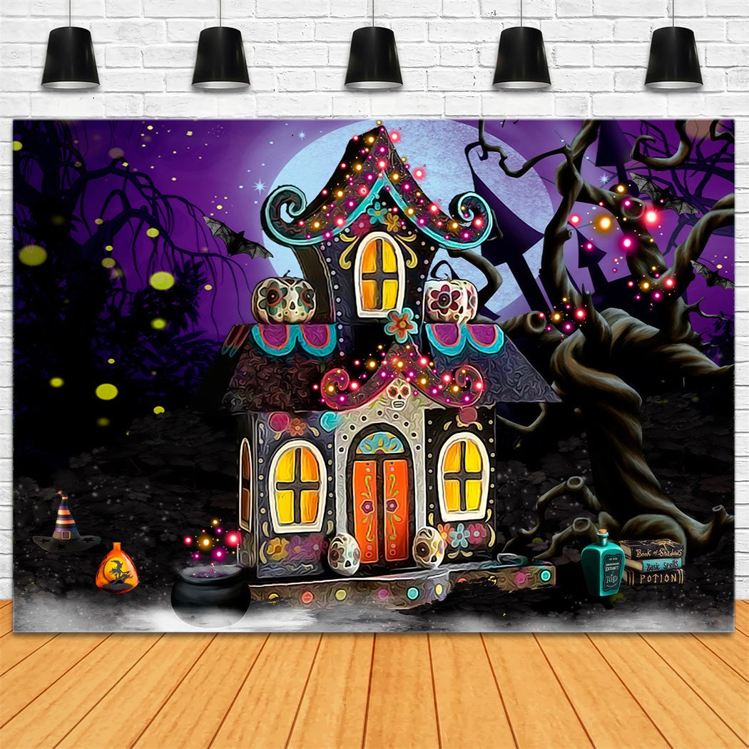 Kinder-Hintergründe Verspieltes Spukhaus mit Süßigkeiten Leuchtender Kinder-Halloween-Hintergrund von Magali