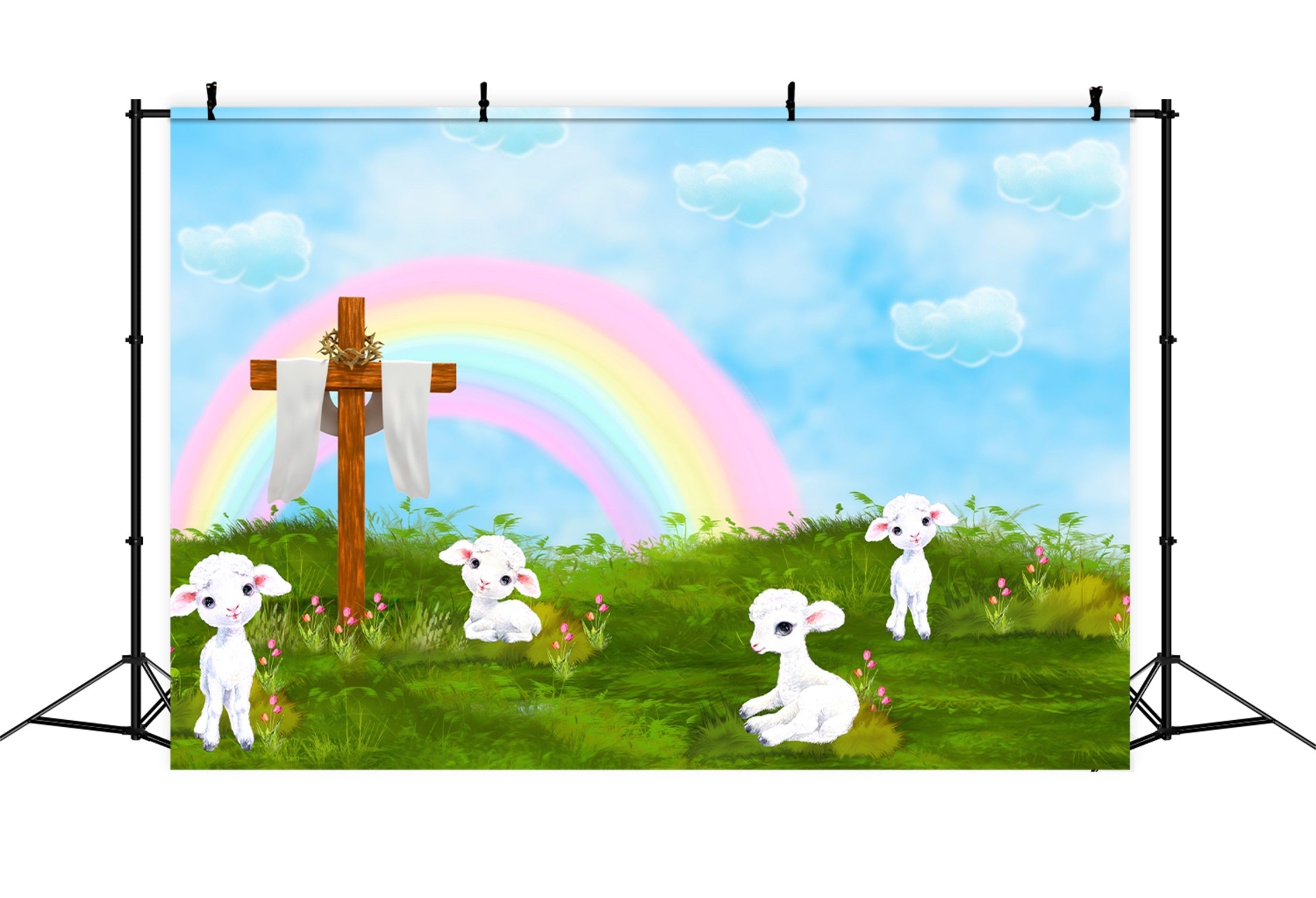 Hintergründe für Kinderfotografie Regenbogen Kreuz Lamm Wiese Segen Regenbogen Hintergrund von Magali