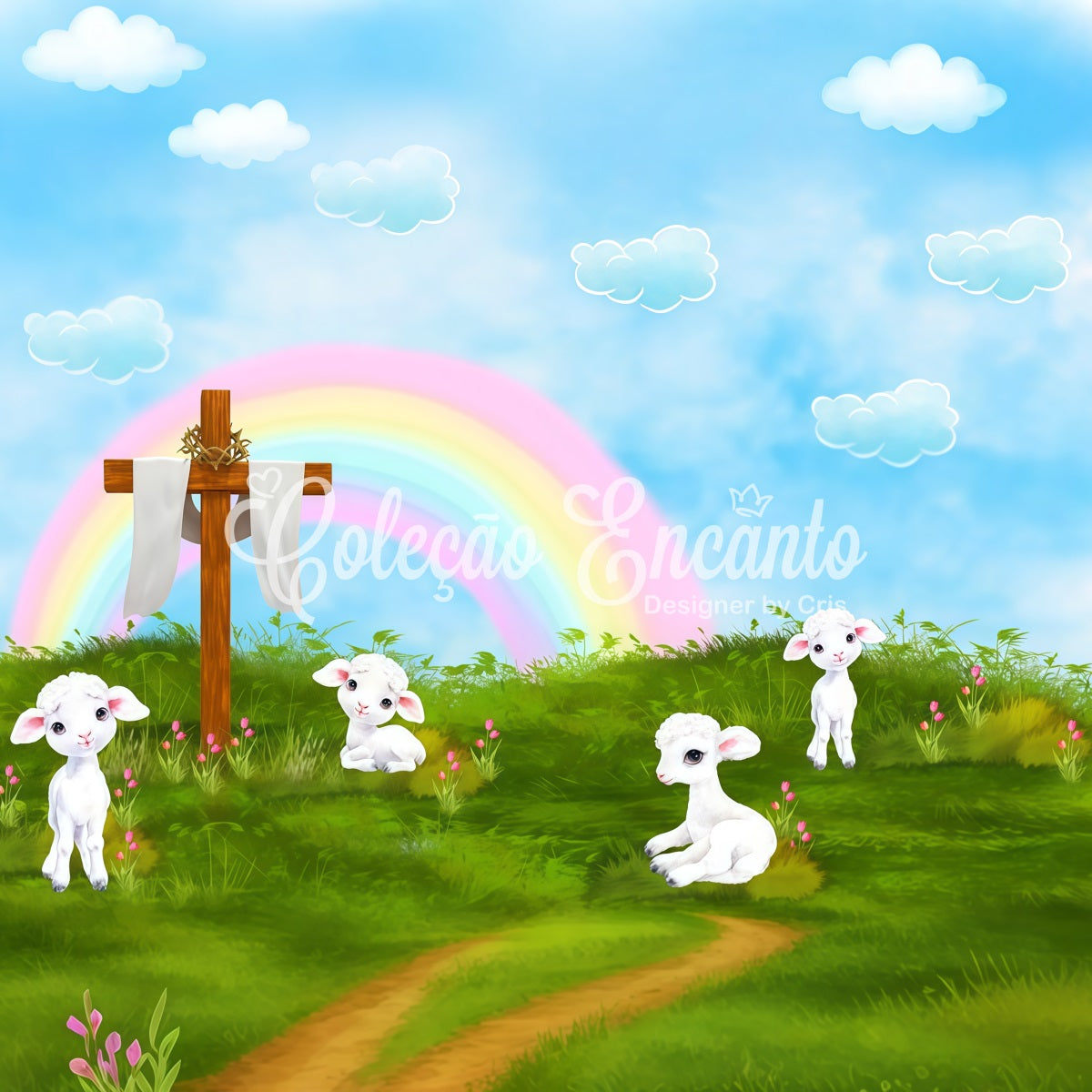 Hintergründe für Kinderfotografie Regenbogen Kreuz Lamm Wiese Segen Regenbogen Hintergrund von Magali
