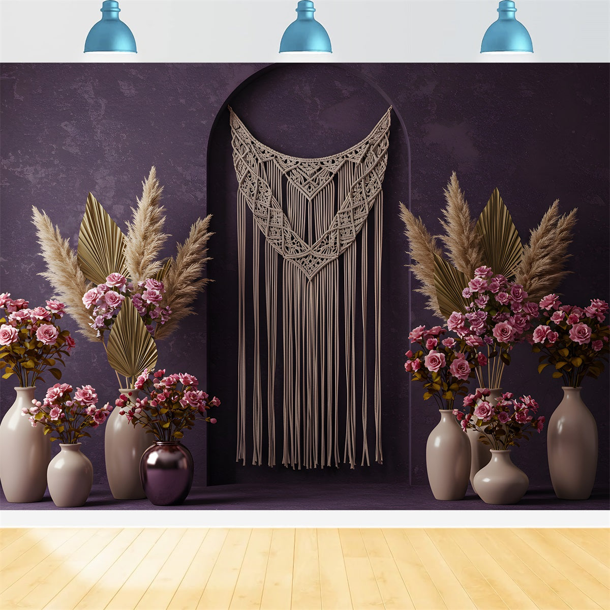 Muttertag-Fotohintergründe Lila Wand Makramee Blumen-Muttertag-Hintergrund von Magali