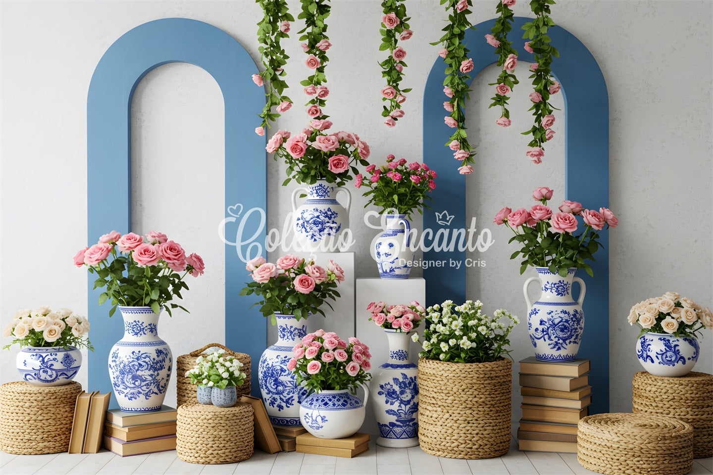 Muttertag-Fotoshooting-Hintergrund Blau-weiße Vase Blumen-Muttertag-Fotohintergrund von Magali
