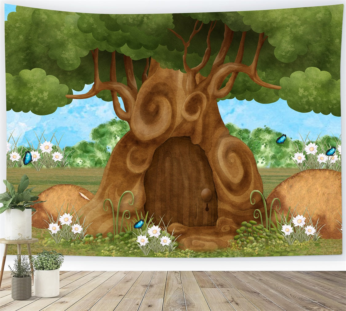 Hintergrund für Kinder Verzauberte Baumtür Gänseblümchengarten Schmetterling Hintergrund von Magali