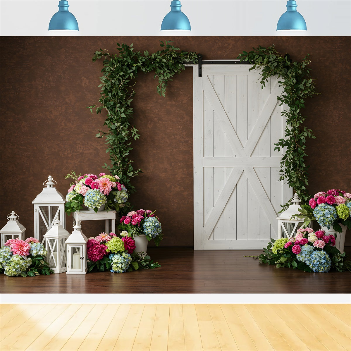 Hintergrund Muttertag Braune Wand Weiße Tür Blumen Glücklicher Muttertag-Hintergrund von Magali