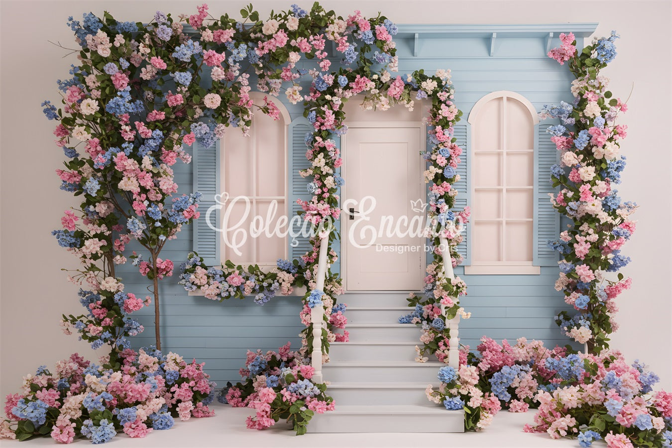 Fotohintergrund für den Muttertag Blaues Blumenhaus Muttertag-Fotoshooting-Hintergrund Von Magali