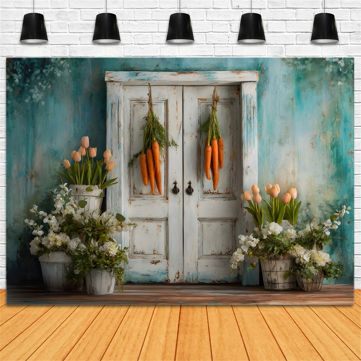 Oster-Tulpen-Hintergrund Karotten-Türblumendekoration Oster-Fotohintergrund von Magali