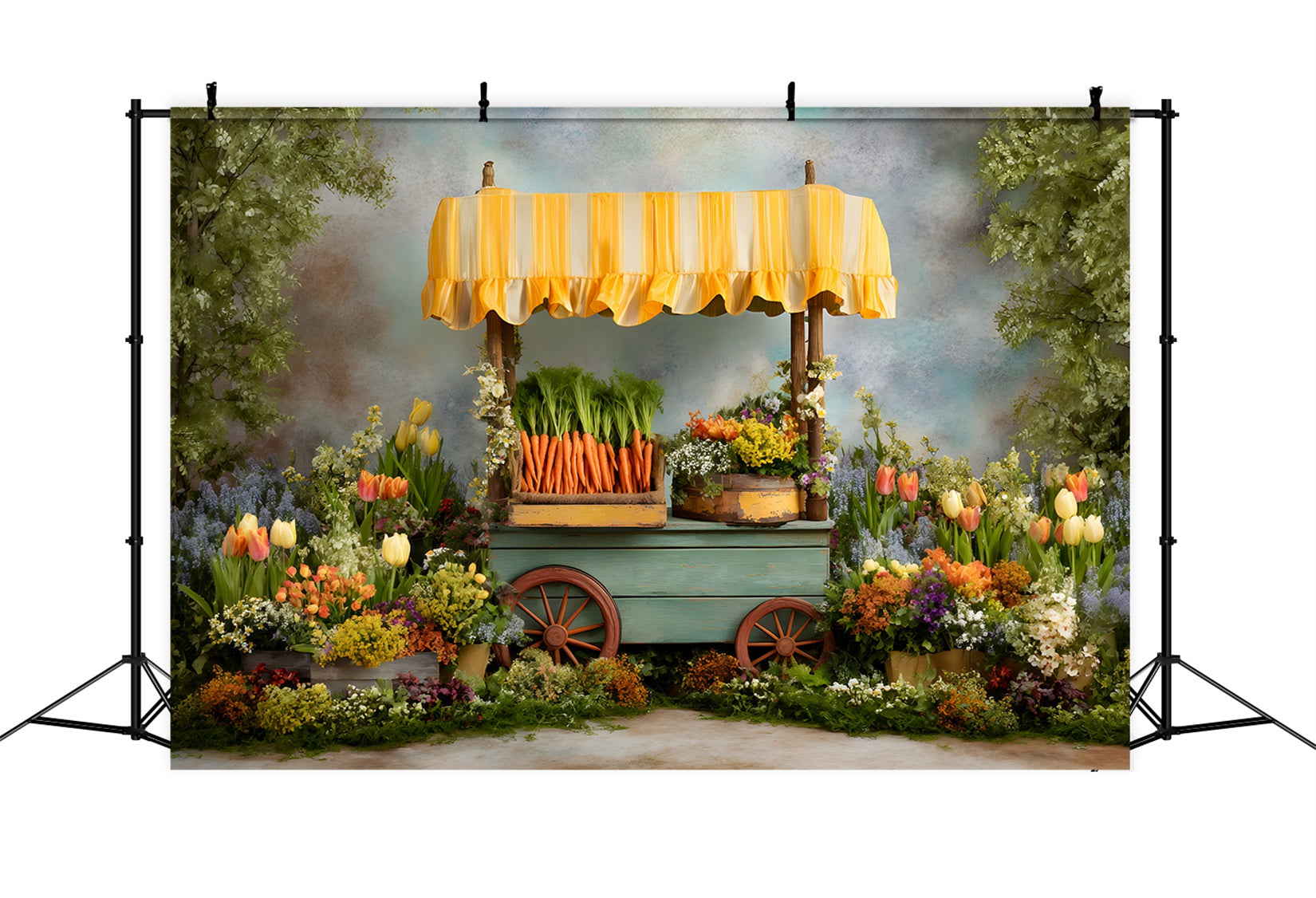 Oster-Karotten-Hintergrund Bunter Wagen Frühlingsblüten Oster-Hintergründe von Magali