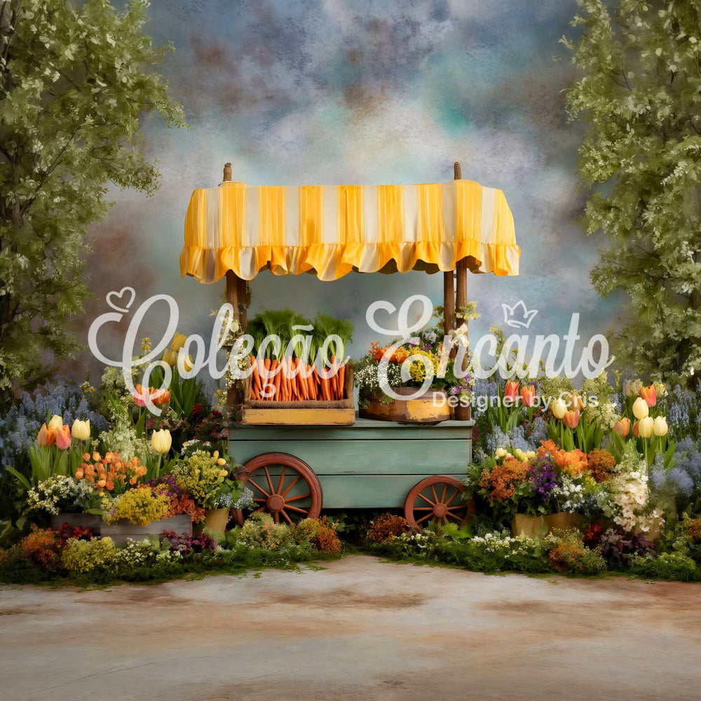 Oster-Karotten-Hintergrund Bunter Wagen Frühlingsblüten Oster-Hintergründe von Magali