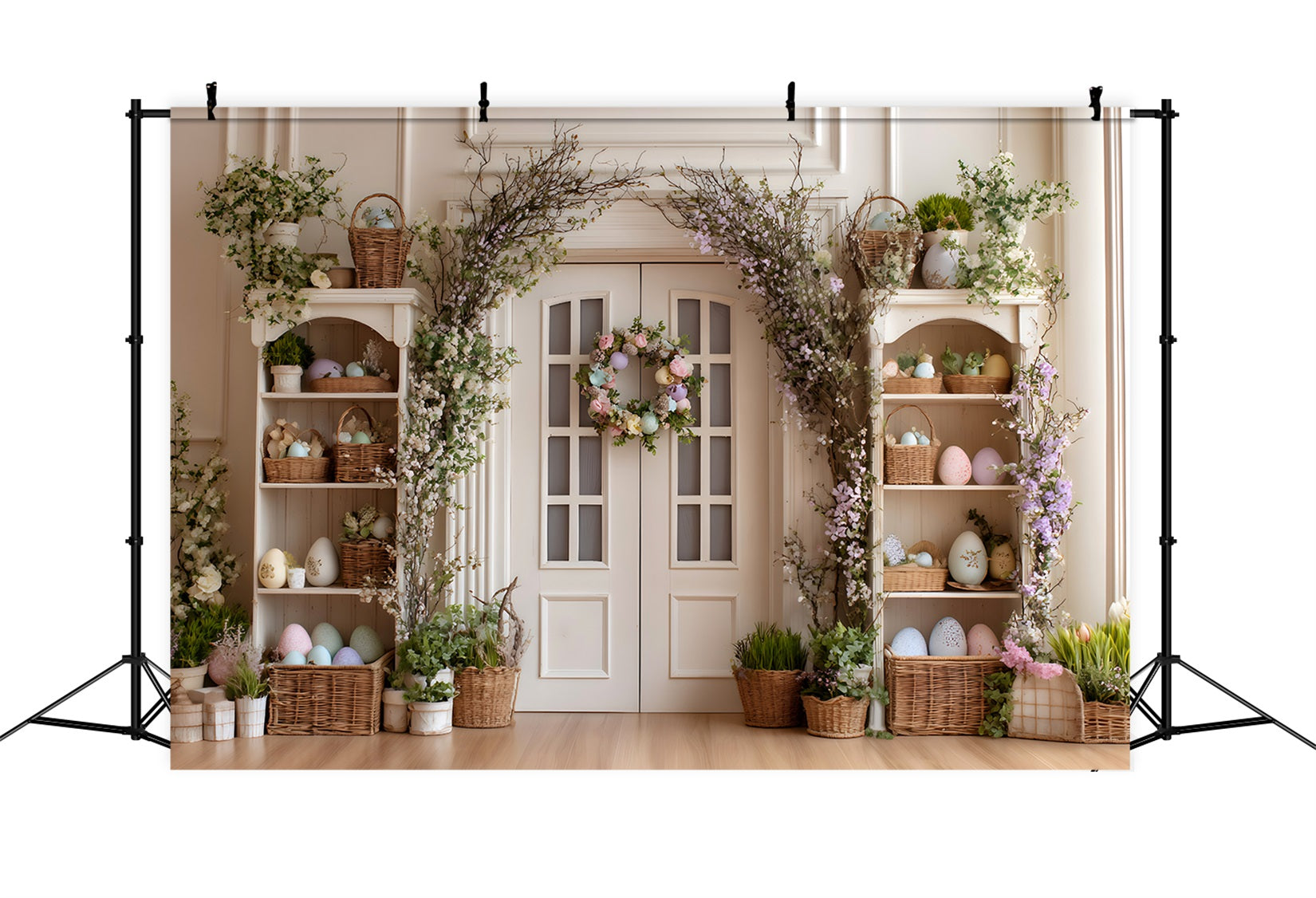 Osterkranz-Türhintergrund Eierblume Weiße Tür Oster-Fotohintergründe von Magali