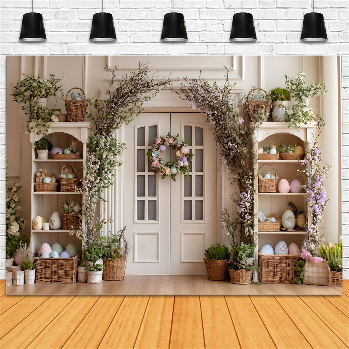 Osterkranz-Türhintergrund Eierblume Weiße Tür Oster-Fotohintergründe von Magali