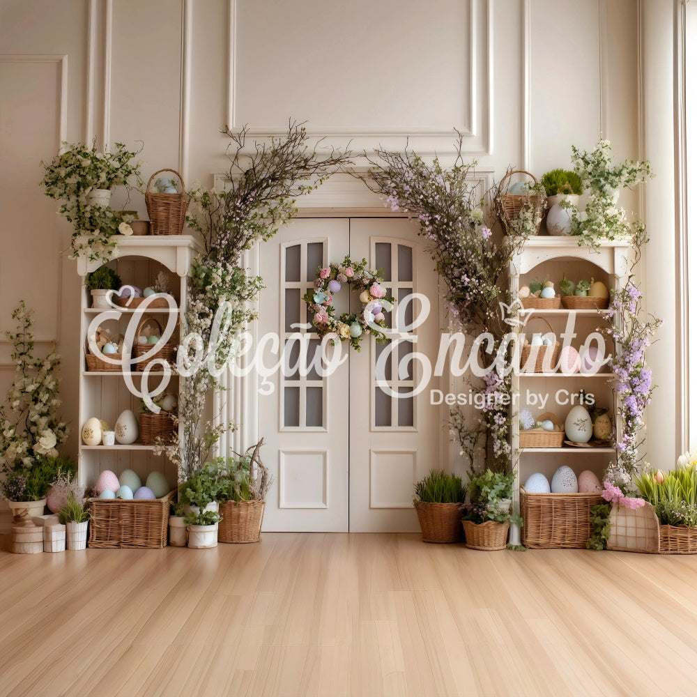 Osterkranz-Türhintergrund Eierblume Weiße Tür Oster-Fotohintergründe von Magali