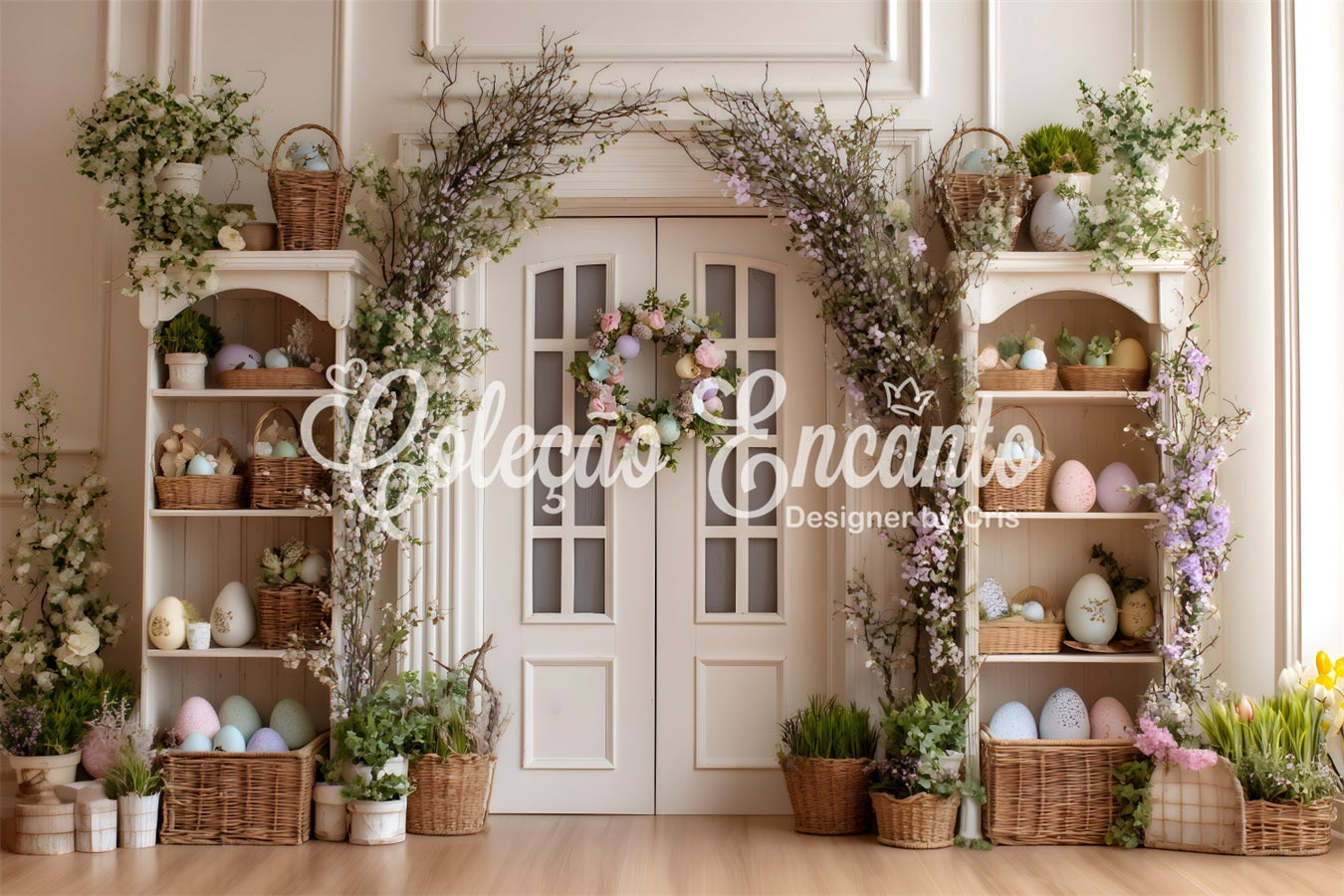 Osterkranz-Türhintergrund Eierblume Weiße Tür Oster-Fotohintergründe von Magali
