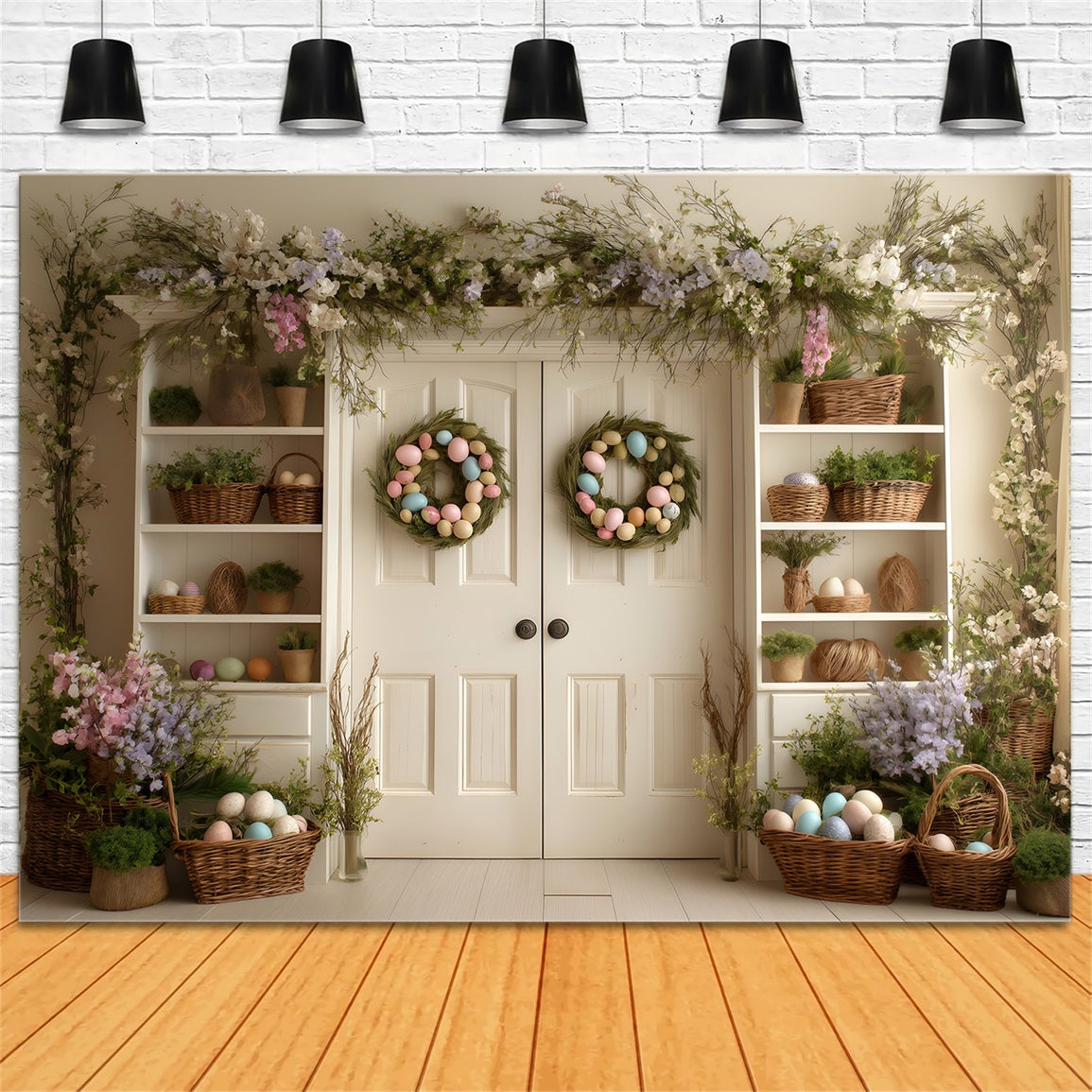 Osterkranz-Tür-Hintergrund Doppeltür Blumenregale Oster-Hintergrund Fotografie von Magali