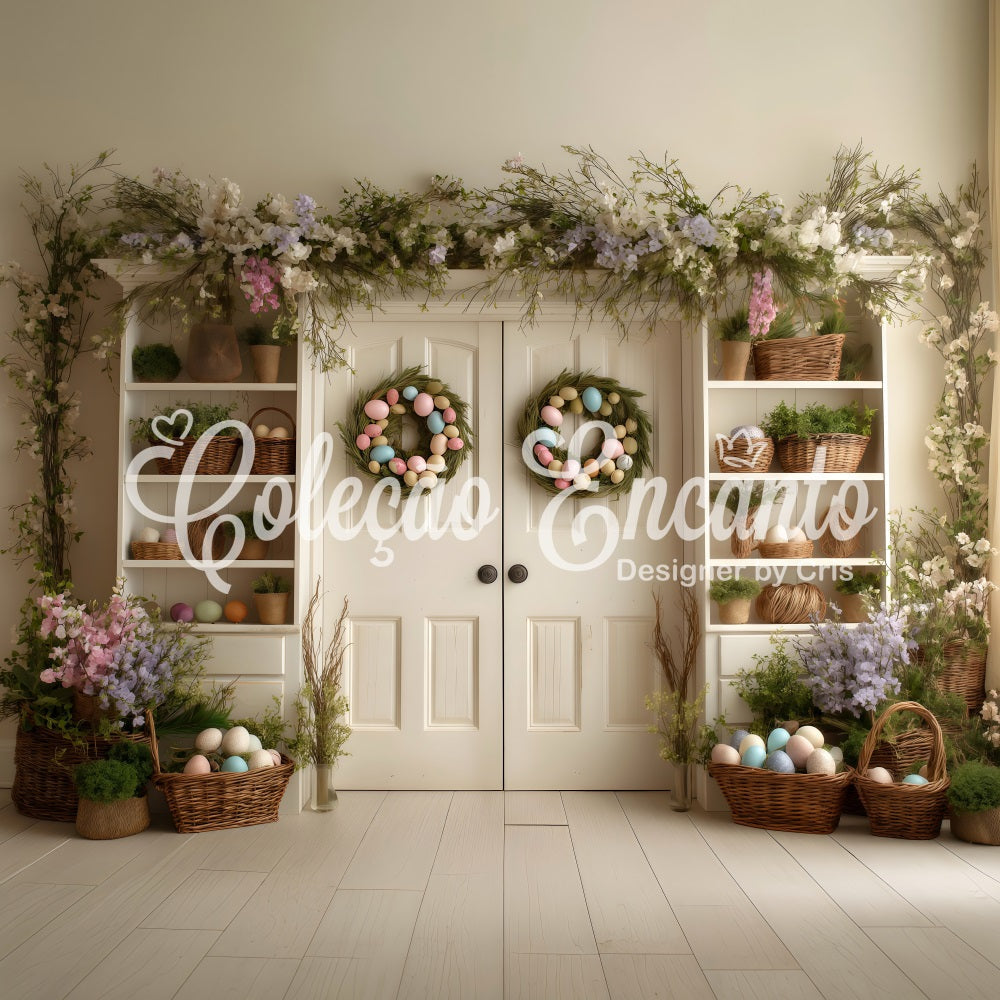 Osterkranz-Tür-Hintergrund Doppeltür Blumenregale Oster-Hintergrund Fotografie von Magali
