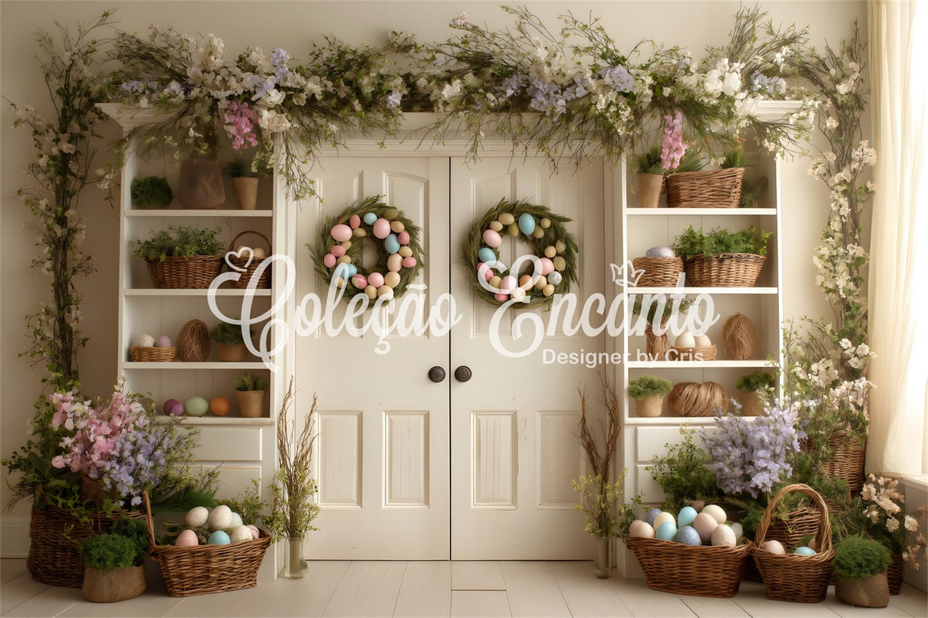 Osterkranz-Tür-Hintergrund Doppeltür Blumenregale Oster-Hintergrund Fotografie von Magali