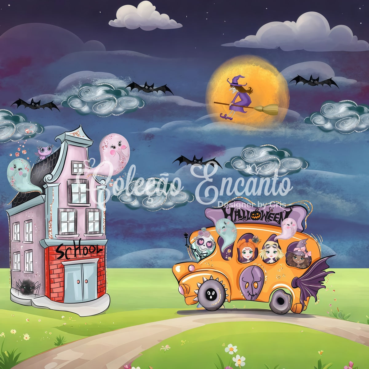 Hintergrund für Kinder Geist Hexe Schulbus Nacht Halloween Hintergründe für Kinder von Magali