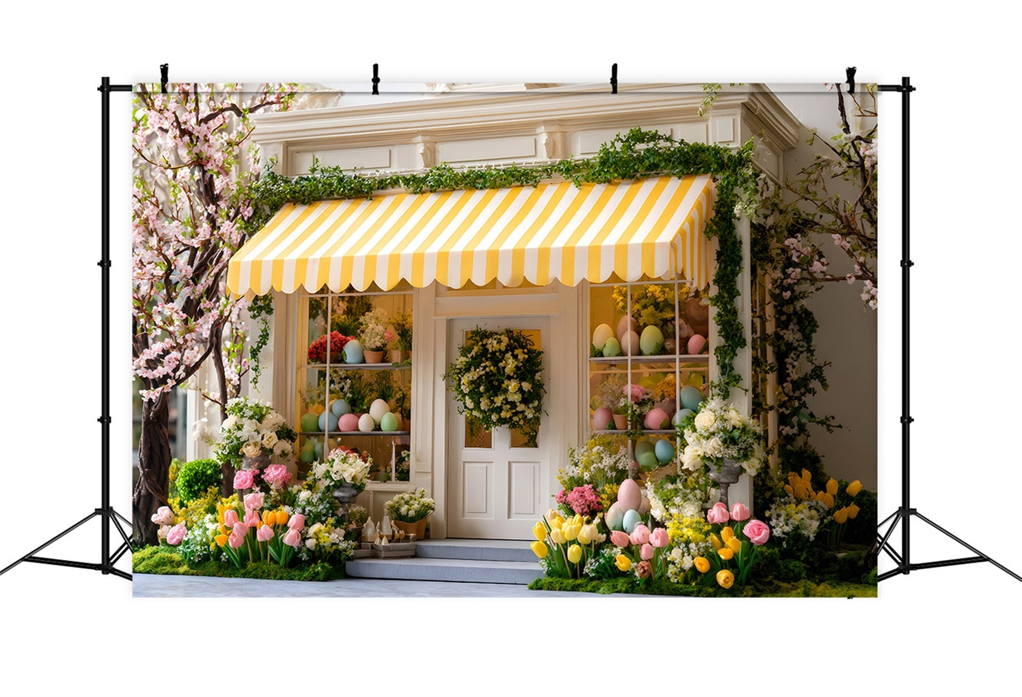 Oster-Cottage-Garten-Hintergrund Kirschblüte Gelbe Markise Oster-Hintergründe von Magali