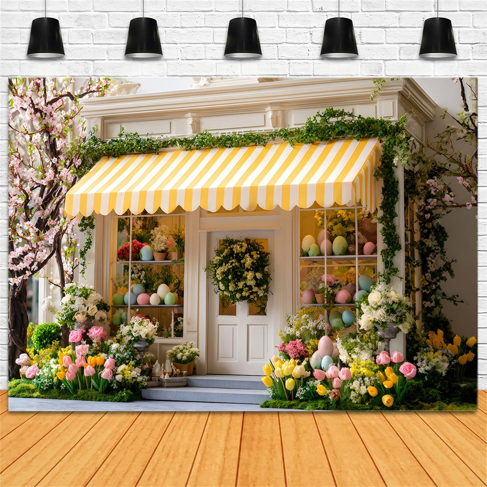 Oster-Cottage-Garten-Hintergrund Kirschblüte Gelbe Markise Oster-Hintergründe von Magali