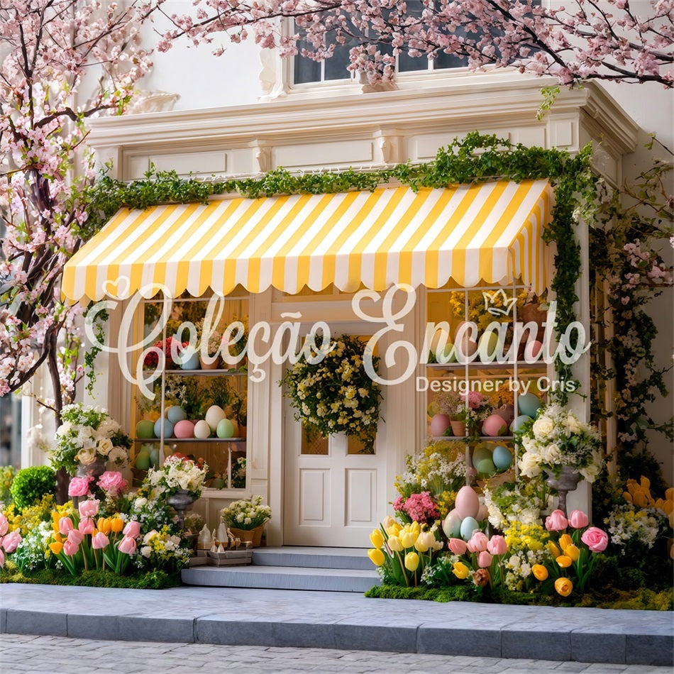 Oster-Cottage-Garten-Hintergrund Kirschblüte Gelbe Markise Oster-Hintergründe von Magali