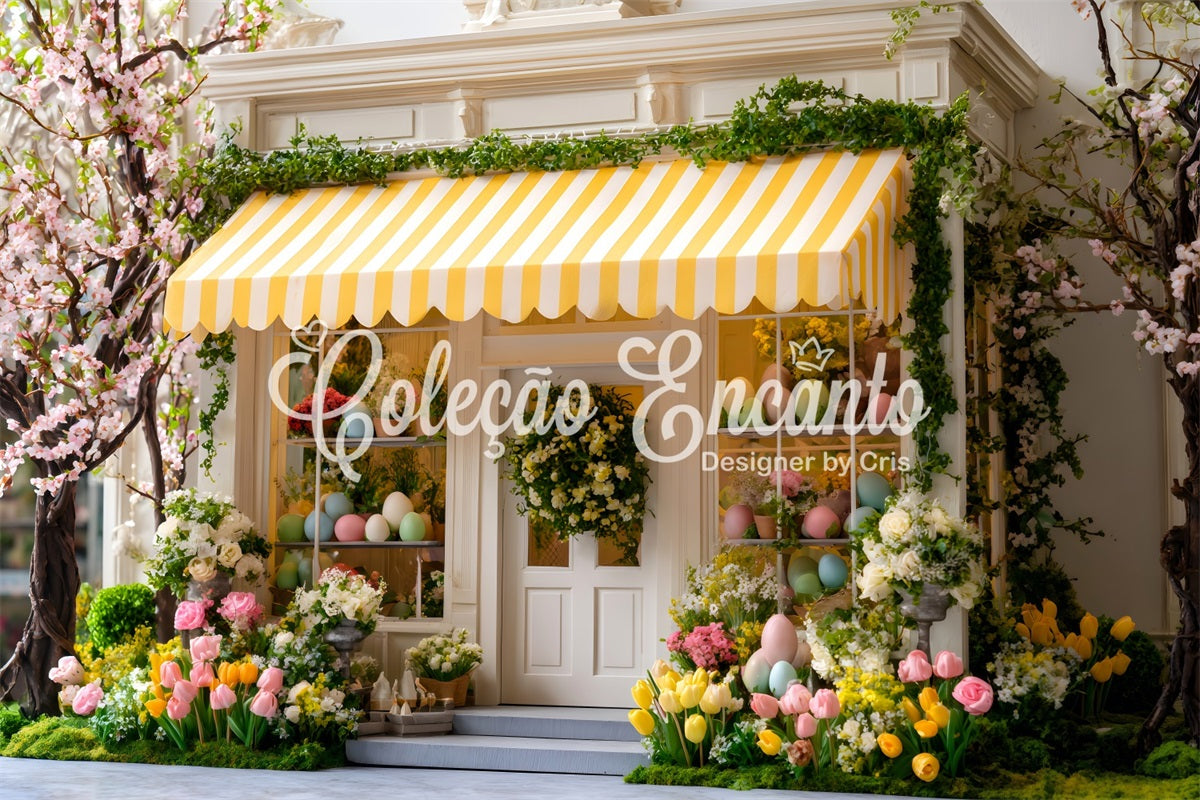 Oster-Cottage-Garten-Hintergrund Kirschblüte Gelbe Markise Oster-Hintergründe von Magali