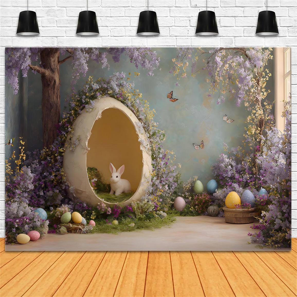 Kaninchen-Hintergrund Hase Ei Lila Blumen Oster-Fotografie-Hintergründe von Magali