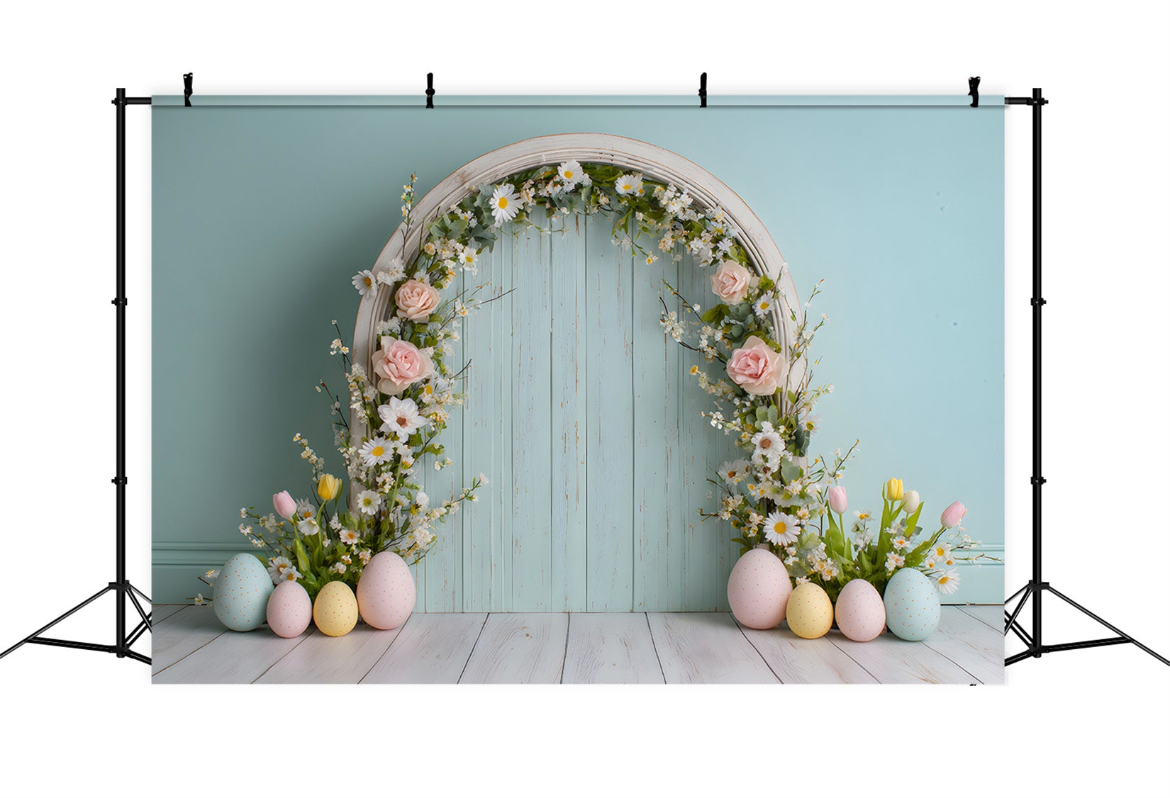 Oster-Gänseblümchen-Hintergrund Blumenbogen Pastellfarbene Eier Oster-Fotohintergrund-Ideen von Magali