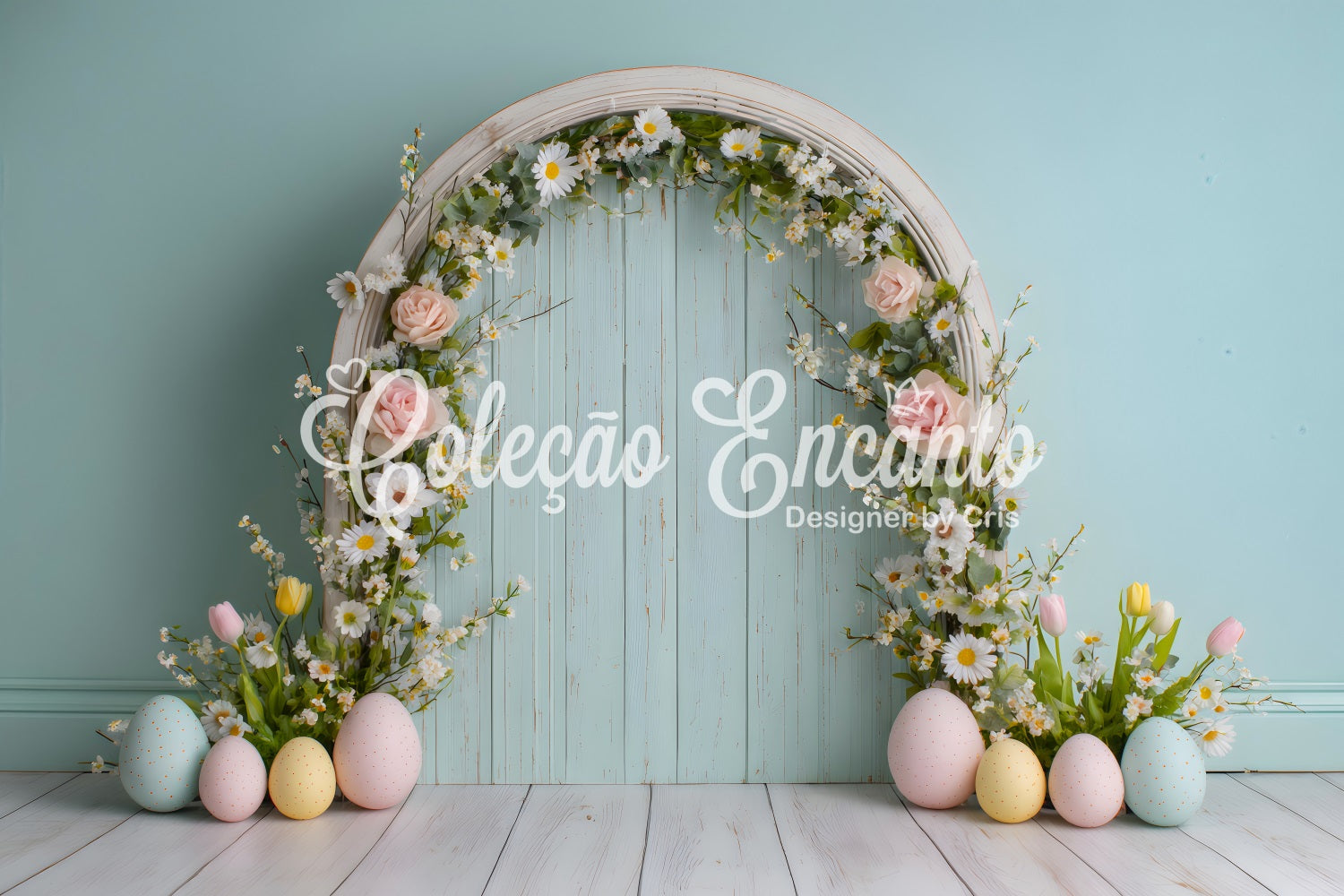 Oster-Gänseblümchen-Hintergrund Blumenbogen Pastellfarbene Eier Oster-Fotohintergrund-Ideen von Magali