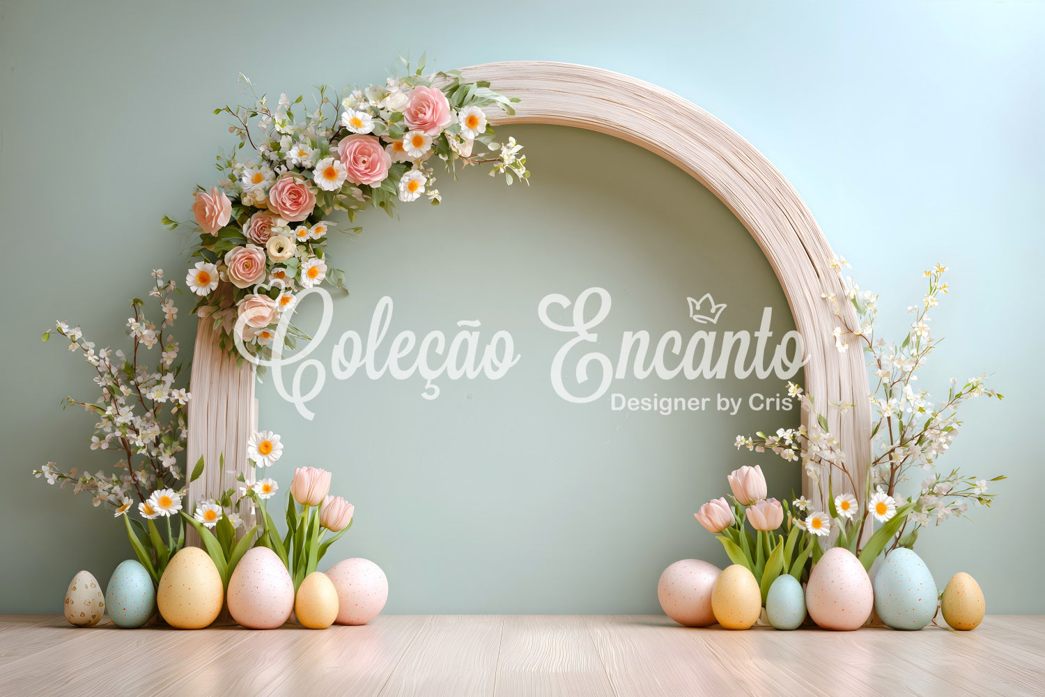 Oster-Ei-Hintergrund Rosenbogen Tulpen Gänseblümchen Oster-Hintergrund für Fotos von Magali