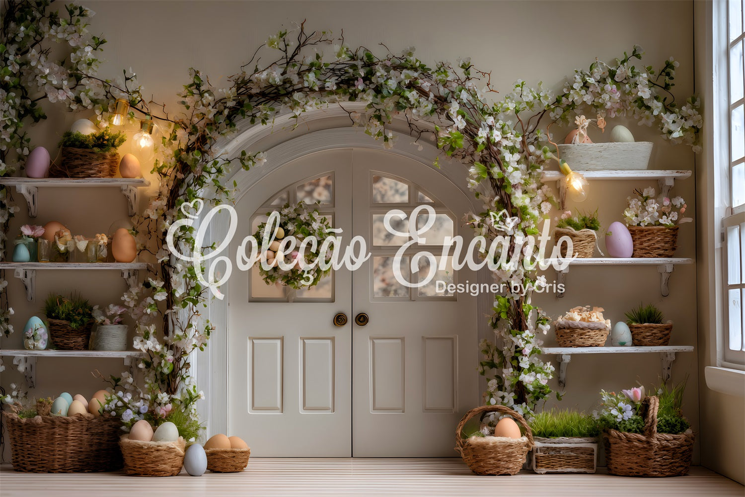 Osterkranz-Tür-Hintergrund Eier Blumenregale Frohe Ostern-Hintergrund von Magali