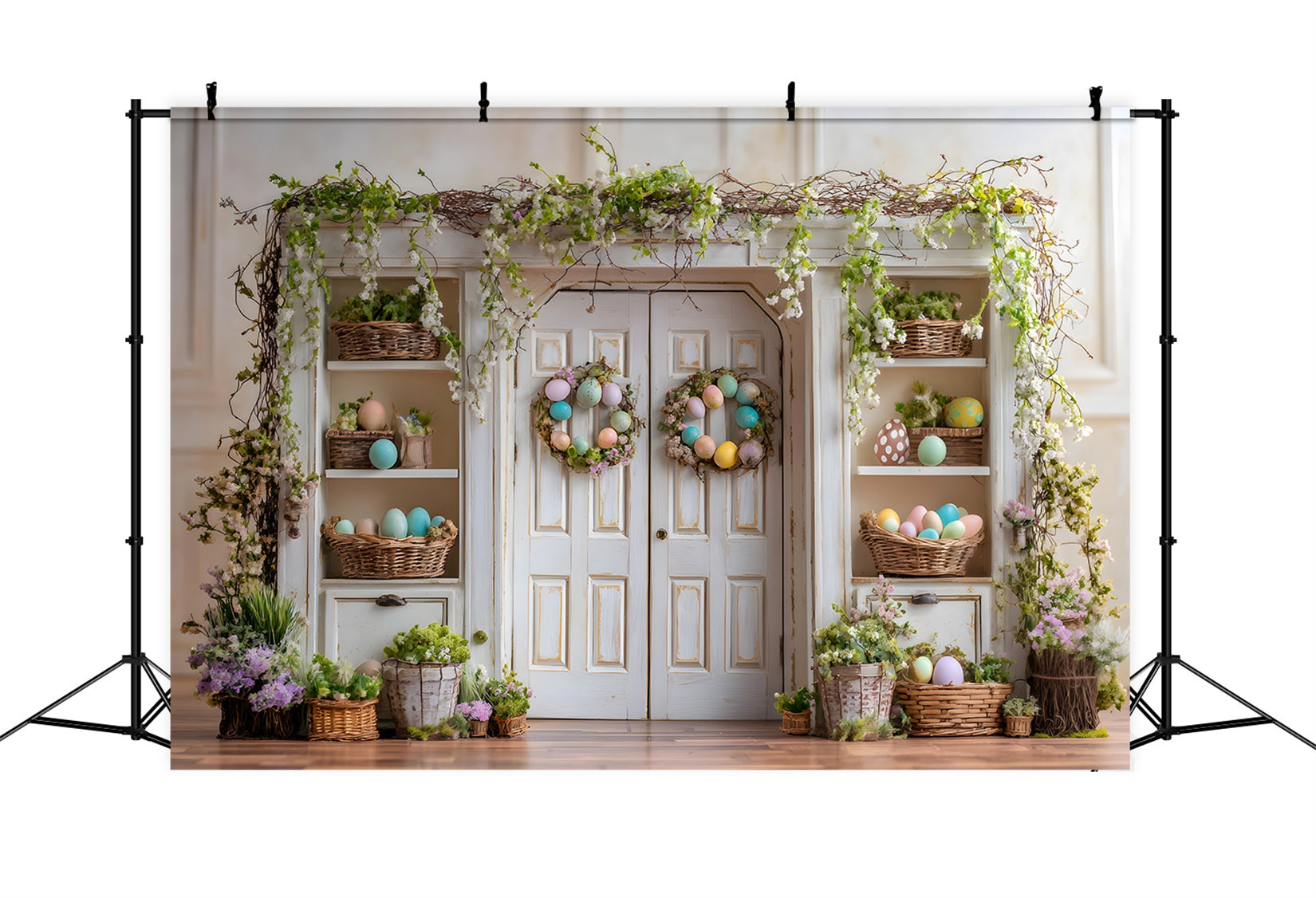 Oster-Frühlings-Blumenkranz-Hintergrund Weinreben-Tür Eierregale Oster-Hintergründe von Magali