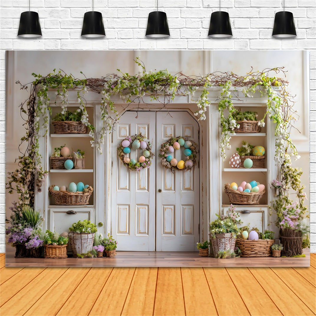 Oster-Frühlings-Blumenkranz-Hintergrund Weinreben-Tür Eierregale Oster-Hintergründe von Magali