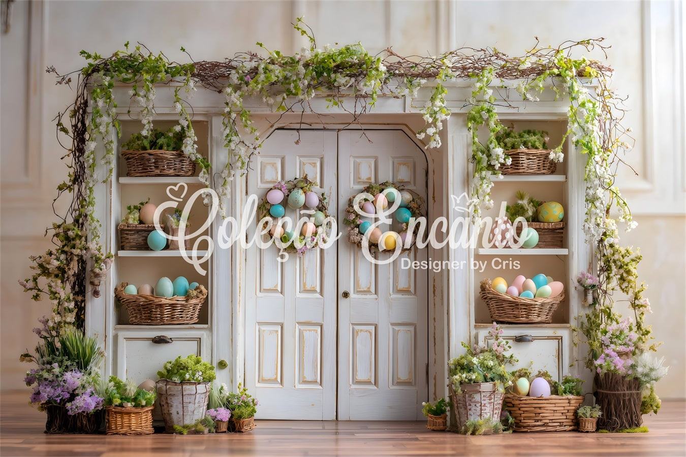 Oster-Frühlings-Blumenkranz-Hintergrund Weinreben-Tür Eierregale Oster-Hintergründe von Magali