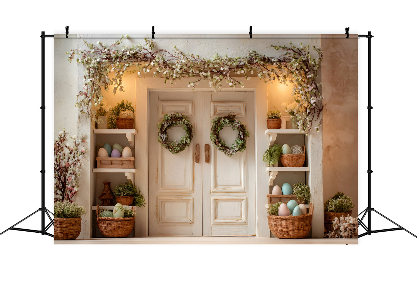 Oster-Frühlingshintergrund Blüten-Tür Grüne Kränze Oster-Fotoshooting-Hintergrund von Magali