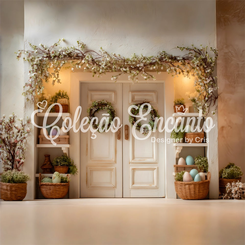 Oster-Frühlingshintergrund Blüten-Tür Grüne Kränze Oster-Fotoshooting-Hintergrund von Magali