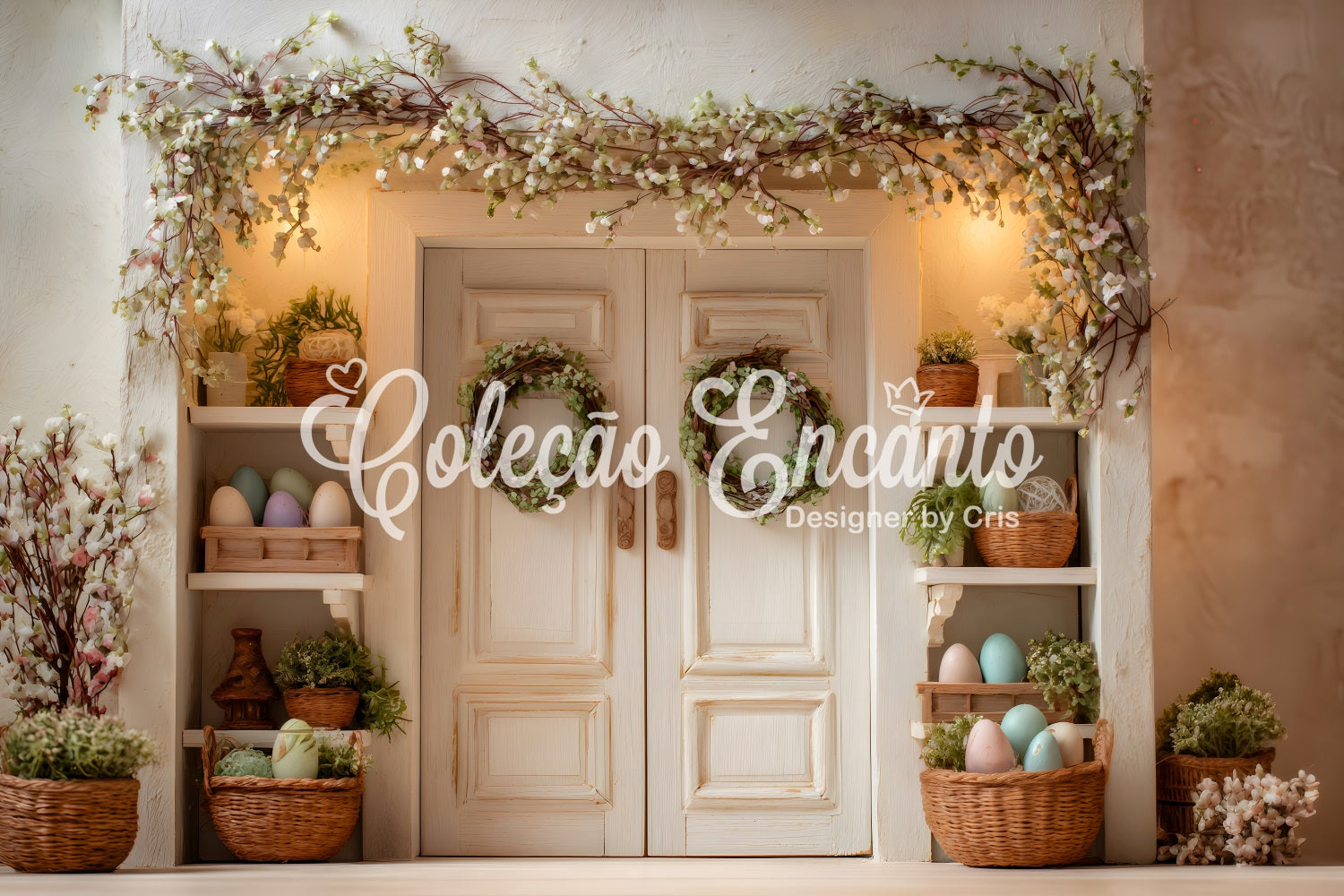 Oster-Frühlingshintergrund Blüten-Tür Grüne Kränze Oster-Fotoshooting-Hintergrund von Magali