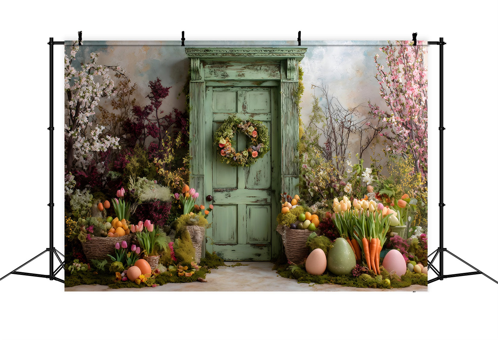 Oster-Frühlingshintergrund Grüne Tür Moosbewachsene Blüten Oster-Hintergrund für Fotos von Magali