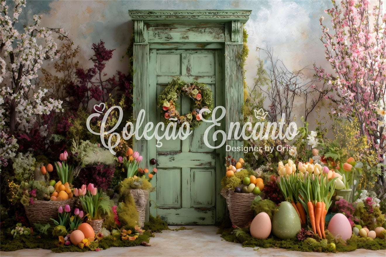 Oster-Frühlingshintergrund Grüne Tür Moosbewachsene Blüten Oster-Hintergrund für Fotos von Magali