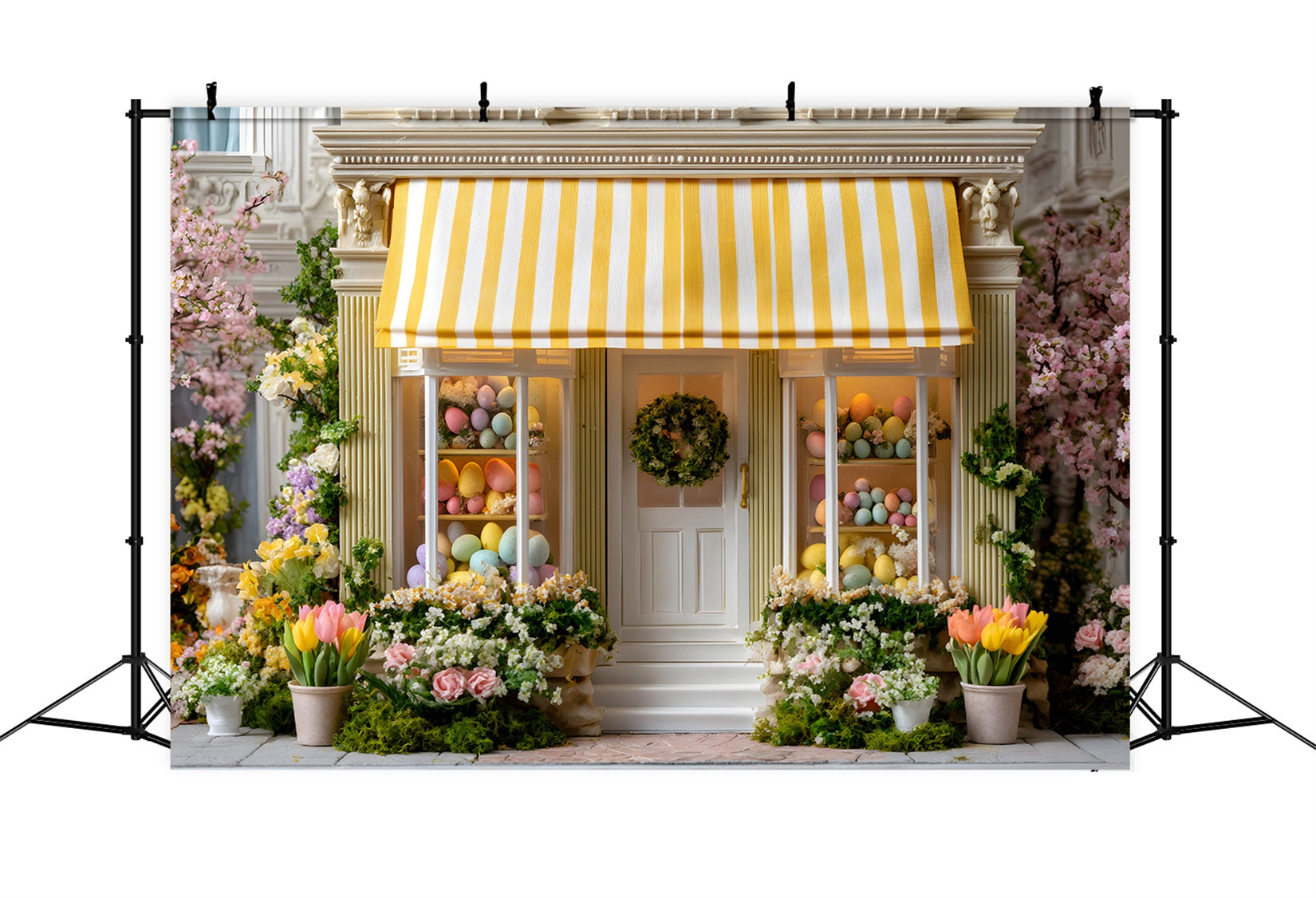 Oster-Hintergrund im europäischen Garten Gelbe Markise Eier-Laden-Hintergrund Ostern von Magali