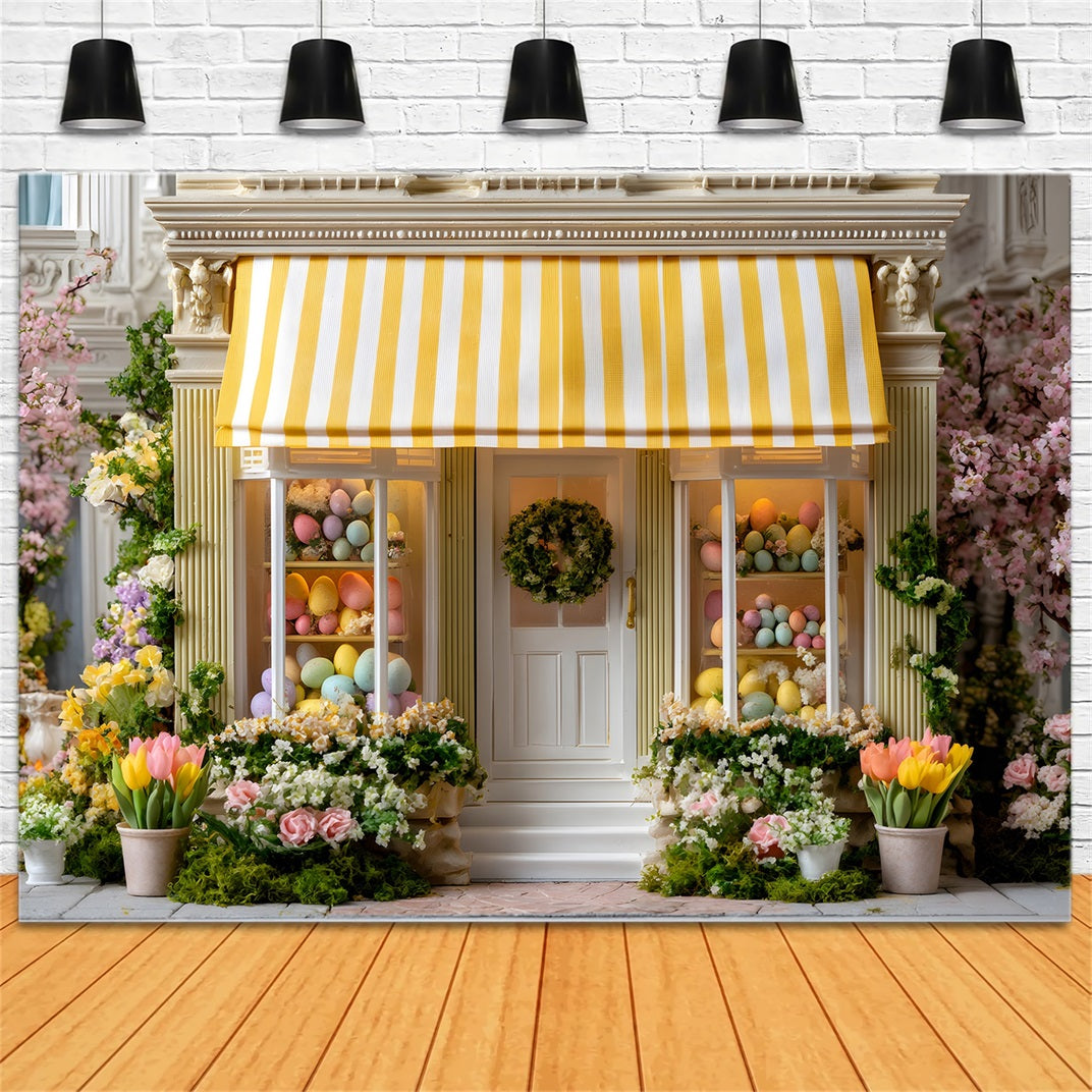 Oster-Hintergrund im europäischen Garten Gelbe Markise Eier-Laden-Hintergrund Ostern von Magali
