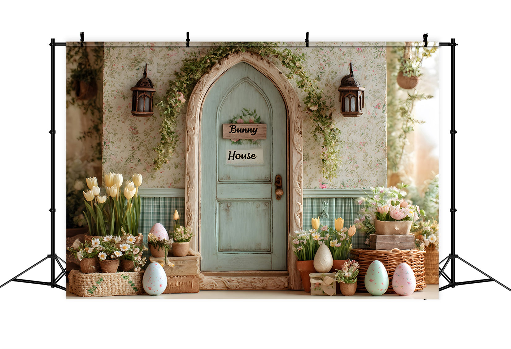 Oster-Tulpen-Hintergrund Hasenhaus Blumen-Eier-Hintergrund für Ostern von Magali